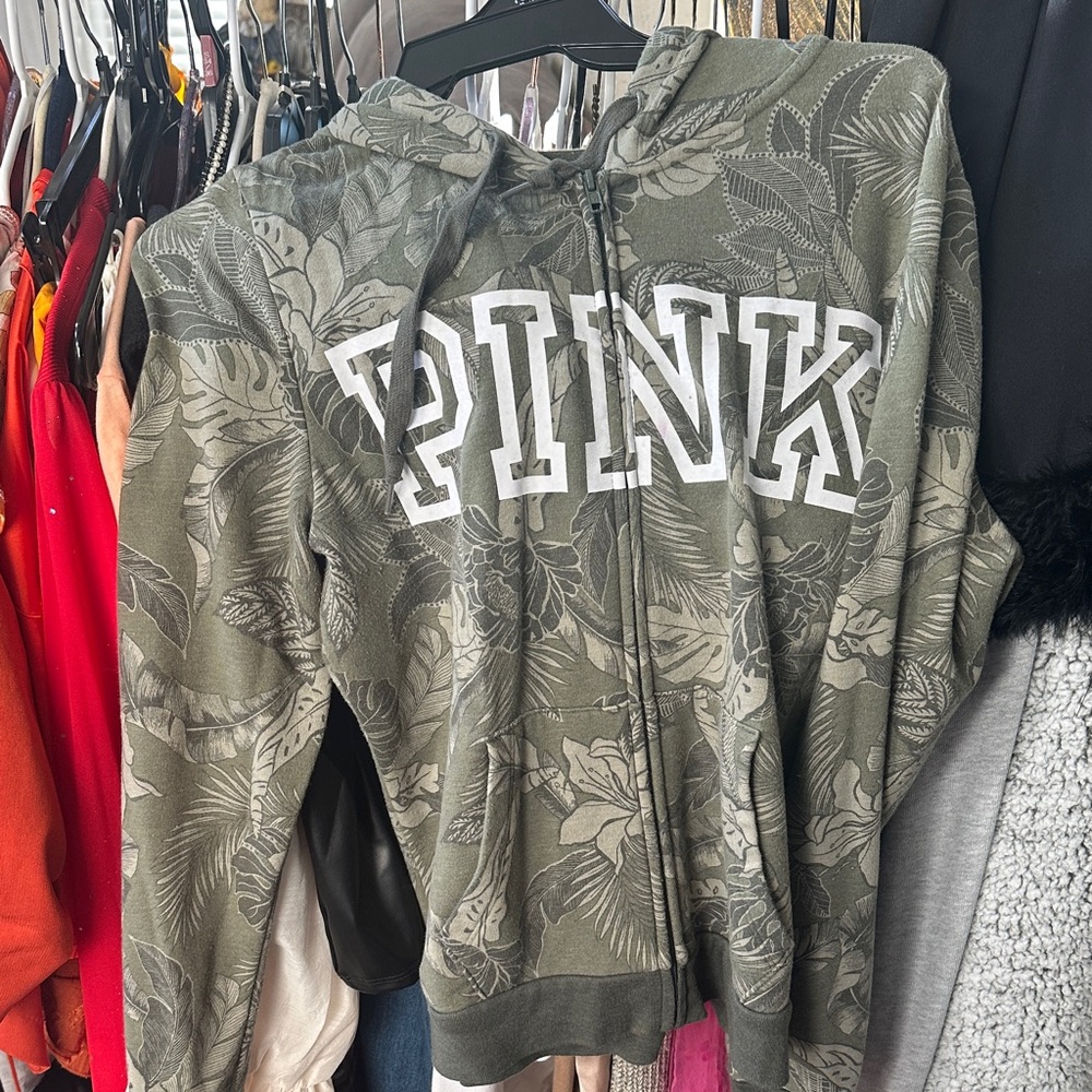 PINK Victoria's Secret Olive Hoodie with Floral Accents